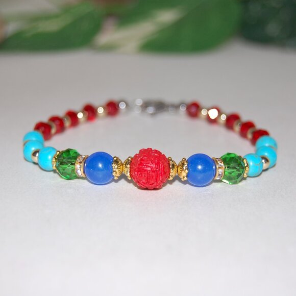 Multicolor Bracelet,Carved Charm,Stone and Glass Beads,Clasp Closure Bracelet - Picture 2 of 2